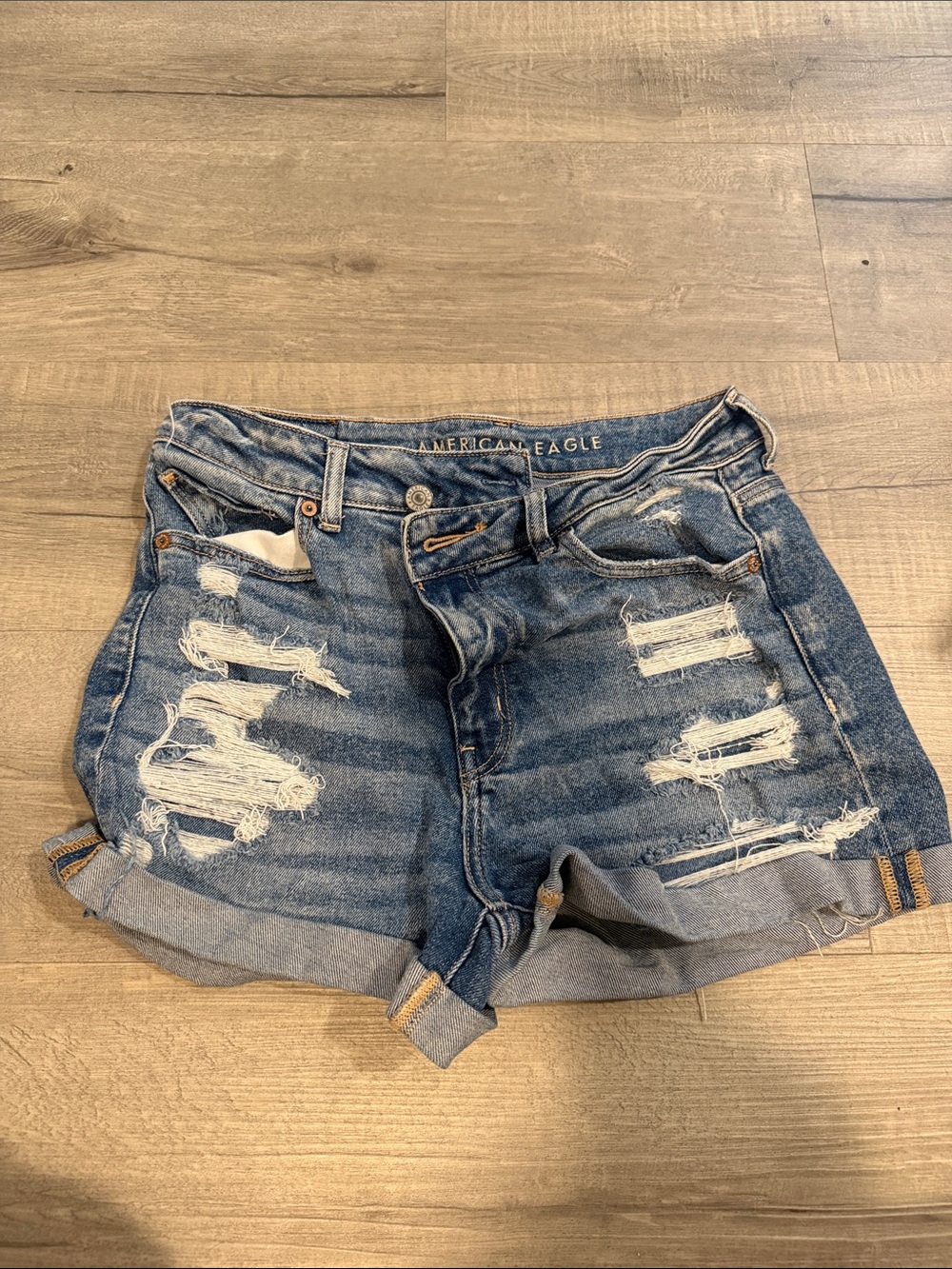 American Eagle Outfitters Distressed Blue Rolled-Hem Jean Shorts